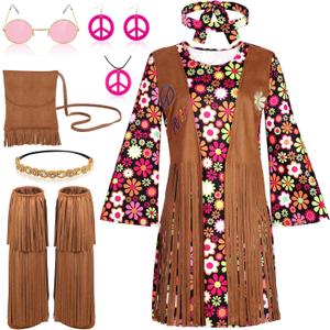 AOTHSO 8 Piece 70s Women Hippie Costume Peace Sign Earring Necklace Headband Dress Leg Sleeves Tassel Bag for Halloween Disco (X-Large, Black)