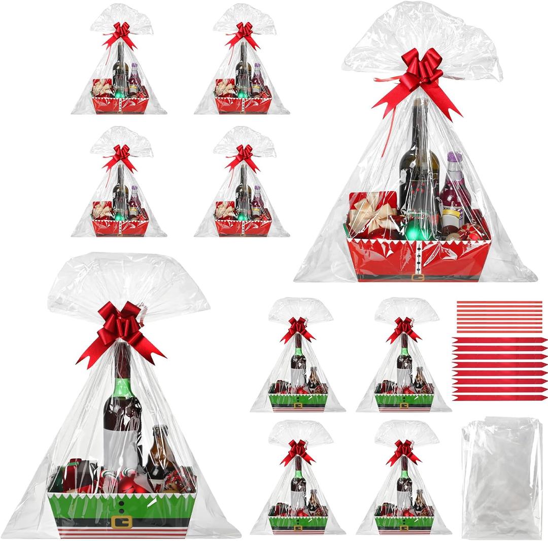 Cholemy 24 Pieces Christmas Gift Baskets Empty Kit Include 8 Kraft Market Trays 8 Bags and 8 Bows Elf Belt Candy Cardboard Baskets for Gifts Empty with Handles (Elf Belt)