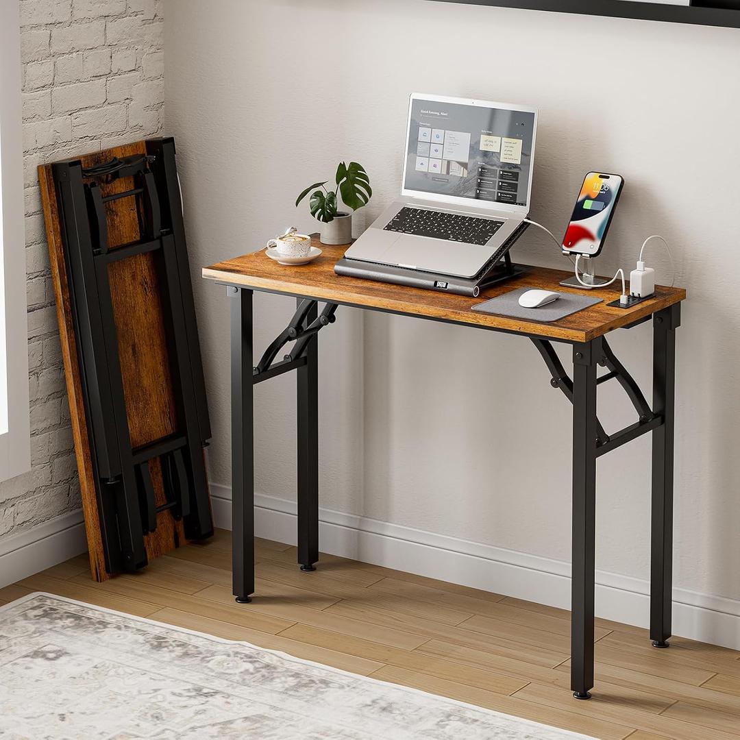Frylr Small Folding Computer Desk – 35.8 Inch Portable Table for Craft and Study, Lightweight Desk for Small Spaces, Foldable Laptop Table Built-in AC/USB Outlets for Convenience, Rustic Brown, 35.8 X 15.7 Inch