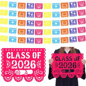 50 Pcs/32 ft Large Mexican Graduation Party Decorations 16x12" Papel Picado Banner Class of 2026 Big Graduation Cleito Lindo Decorations Mexico Fiesta Banners Colorful Congrats Grads Garlands