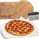 Cuzi Gourmet 3-Piece Pizza Stone Set - 15x12" Thermal Shock Resistant Cordierite Pizza Stone, 15x12" Natural Wood Pizza Peel & Pizza Cutter - Pizza Stone for Grill and Oven (Medium)