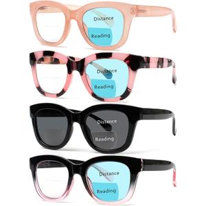 Henotin 4 Pack Bifocal Reading Glasses include Sun Readers for Women Oprah Style Square Blue Light Blocking Eyeglasses (Mix Color, 1.00, x)