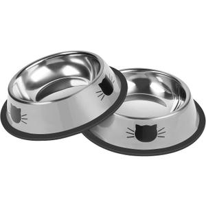 2 Pcs Non-Slip Stainless Steel Small Cat Food Bowls - Unbreakable, Thicken 7 Oz Cat Dishes - Indoor, Removable Rubber Base, Easily Clean, Lovely Color (Silver)