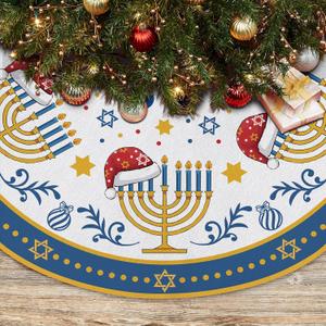 Hanukkah Christmas Tree Skirt 36 Inches, Candlestick with Hat Pencil Tree Skirt, Winter Xmas Tree Mat for Home Party Holiday Decorations