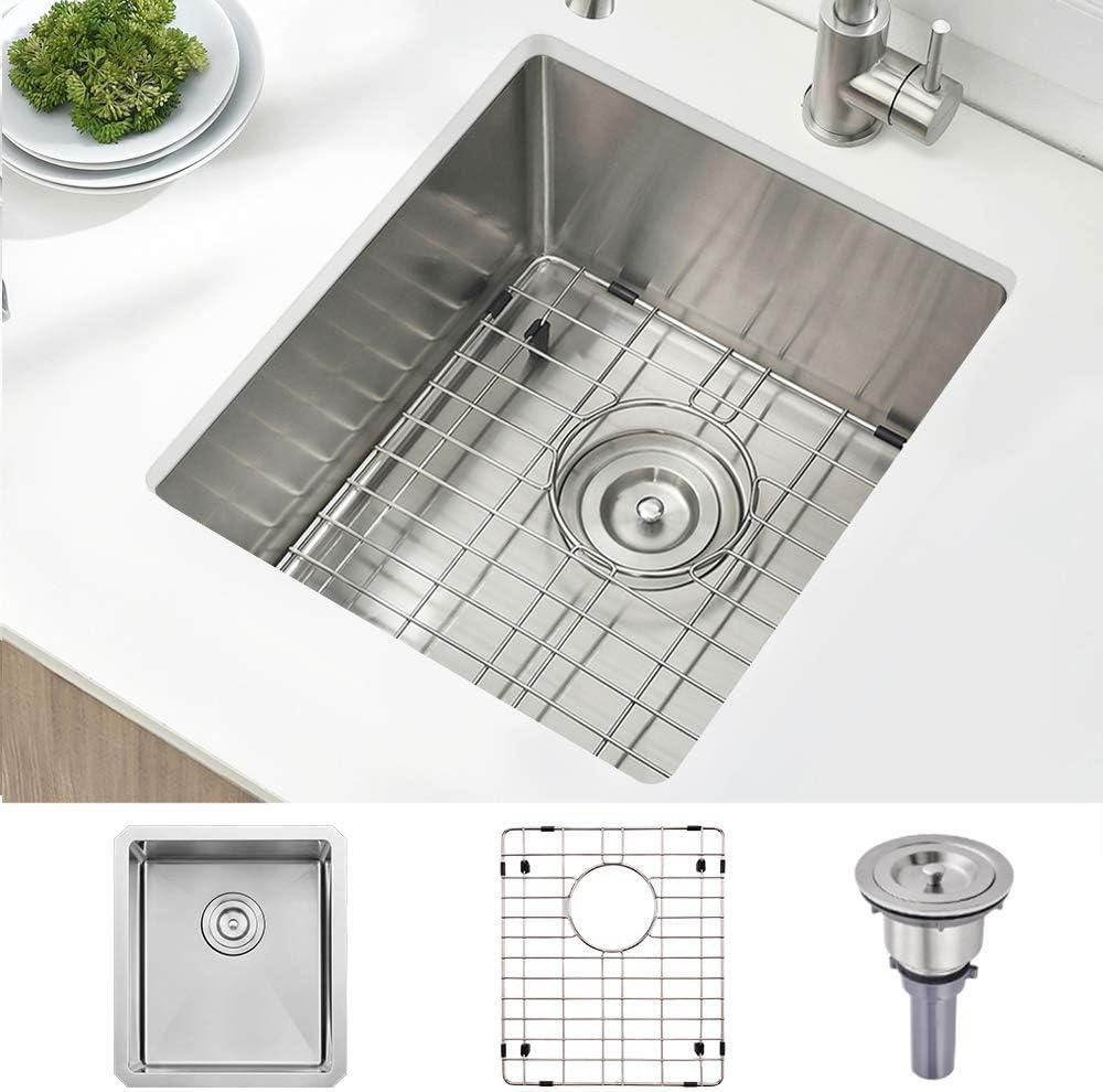 Stainless Steel Undermount Bar Sink, 15 x 17 Inches Small Wet Bar Undermount 16 Gauge SUS304 Brushed Nickel Single Bowl Outdoor Kitchen Sink, 15"x17"x10"
