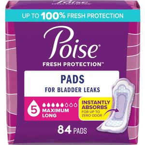 Poise Incontinence & Postpartum Pads for Bladder Leaks, 5 Drop Maximum Absorbency, Long Length, 84 Count