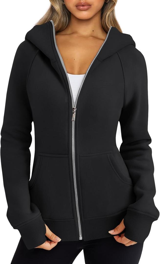 Trendy Queen Womens Zip Up Hoodies Fleece Jackets Oversized Sweatshirts Fall Fashion Outfits Sweaters Winter Clothes (Medium, Black)