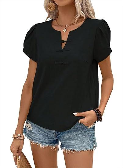 Women's Summer Tops Petal Short Sleeve V Neck Blouses Dressy Casual Fitted Cute Solid Shirts 2025 Size XL