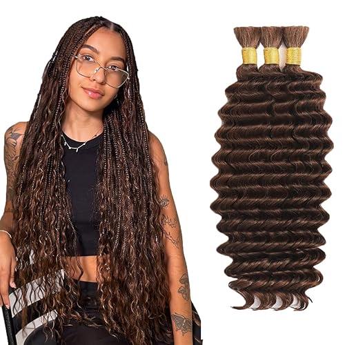 28 28 28 Inch Brown Braiding Hair Deep Wave Bulk Chocolate Brown Human Braiding Hair Deep Curly Color 4 Boho Human Hair for Braiding Hair Extensions