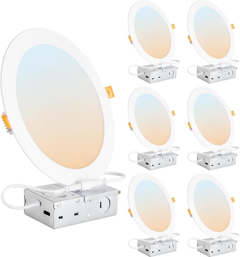 DLLT LED Recessed Ceiling Light: 6 Pack 8 Inch Slim Recessed Lighting for Kitchen - 5CCT Dimmable Canless Wafer Downlight for Living Room - 1800LM Brightness 18W LED Can Lights for Bedroom ETL FCC