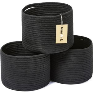 MiniArk Small Basket for Organizing | Cube Shelf Closet Storage Baskets | 9.7×9.7×7.1” | Woven Rope Gift Basket | Nursery | Round 3 Packs Black  
