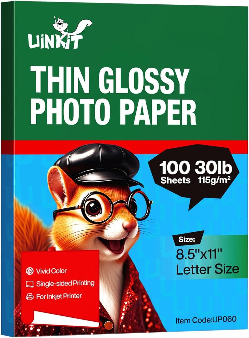 Uinkit 100 sheets 115gsm Photo Paper 30lb Very Thin Flyer Photo Paper Glossy 8.5x11 Single Side Inkjet Paper DIY Chip Bag Glossy Photos Brochure Paper Picture for Inkjet Printer with Dye Ink
