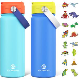 18oz Kids Water Bottle, 2 Pack Insulated Bottles with Stickers, 18/8 Stainless Steel Vacuum Leak Proof Straw Cup for School, Gifts for Boys Girls(Yellowe+Orange)