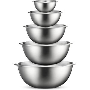 FineDine Stainless Steel Mixing Bowls (Set of 5) Stainless Steel Mixing Bowl Set - Easy To Clean, Nesting Bowls for Space Saving Storage, Great for Cooking, Baking, Prepping (5 Pack, Stainless Steel)