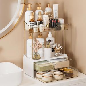 4-Tier 2-Drawer Bathroom Organizer Counter Organization, Multi-Purpose Makeup Skincare Organizers with Compartment, Easy to Install, Exquisite Vanity Shelves, Amber