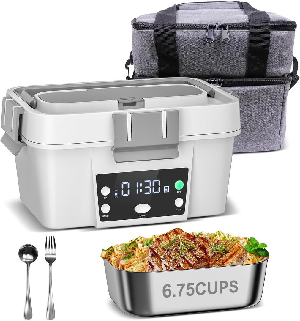 Cordless Electric Lunch Box 16,000mAh  Smart Automatic Heating, 1.6L Portable Food Warmer, Rechargeable Battery-Powered Hot Meal Container for Office, Travel & Outdoor (White)