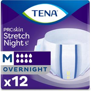 Tena ProSkin Overnight Incontinence Adult Diaper for Women & Men, Stretch, Brief, Medium, 12 Count