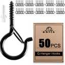 ADIIL 50 PCS Q Hanger Hooks with Safety Buckle, Windproof Screw Hooks for Hanging Outdoor String Lights, Plants, Christmas Patio Lights, 2.2 Inches, Black