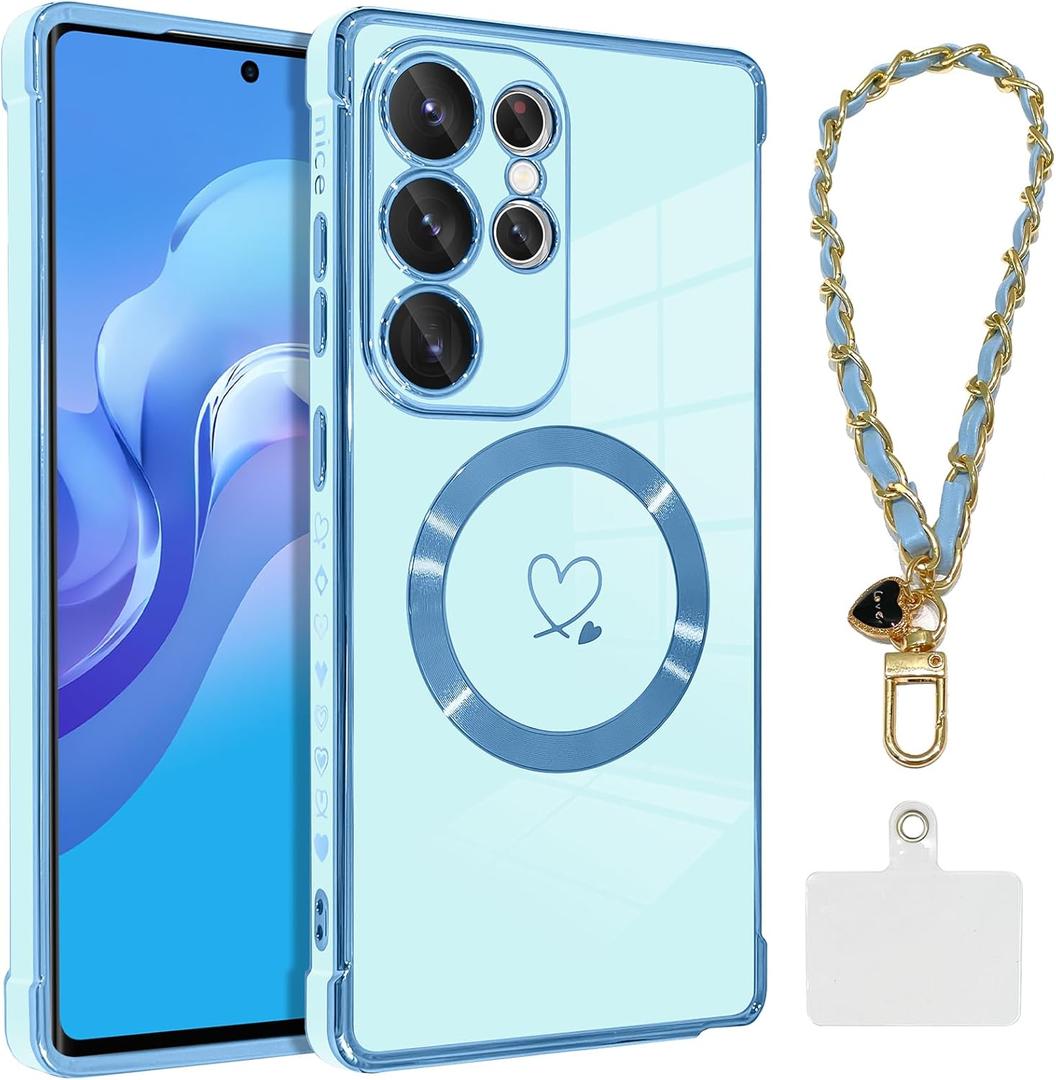OOK Magnetic Phone Case for Samsung Galaxy S25 Ultra 6.9 Inch [Wireless Charging Compatible] Soft TPU Heart Design Shockproof Protection Electroplated Slim Case with Strap Lanyard - Blue