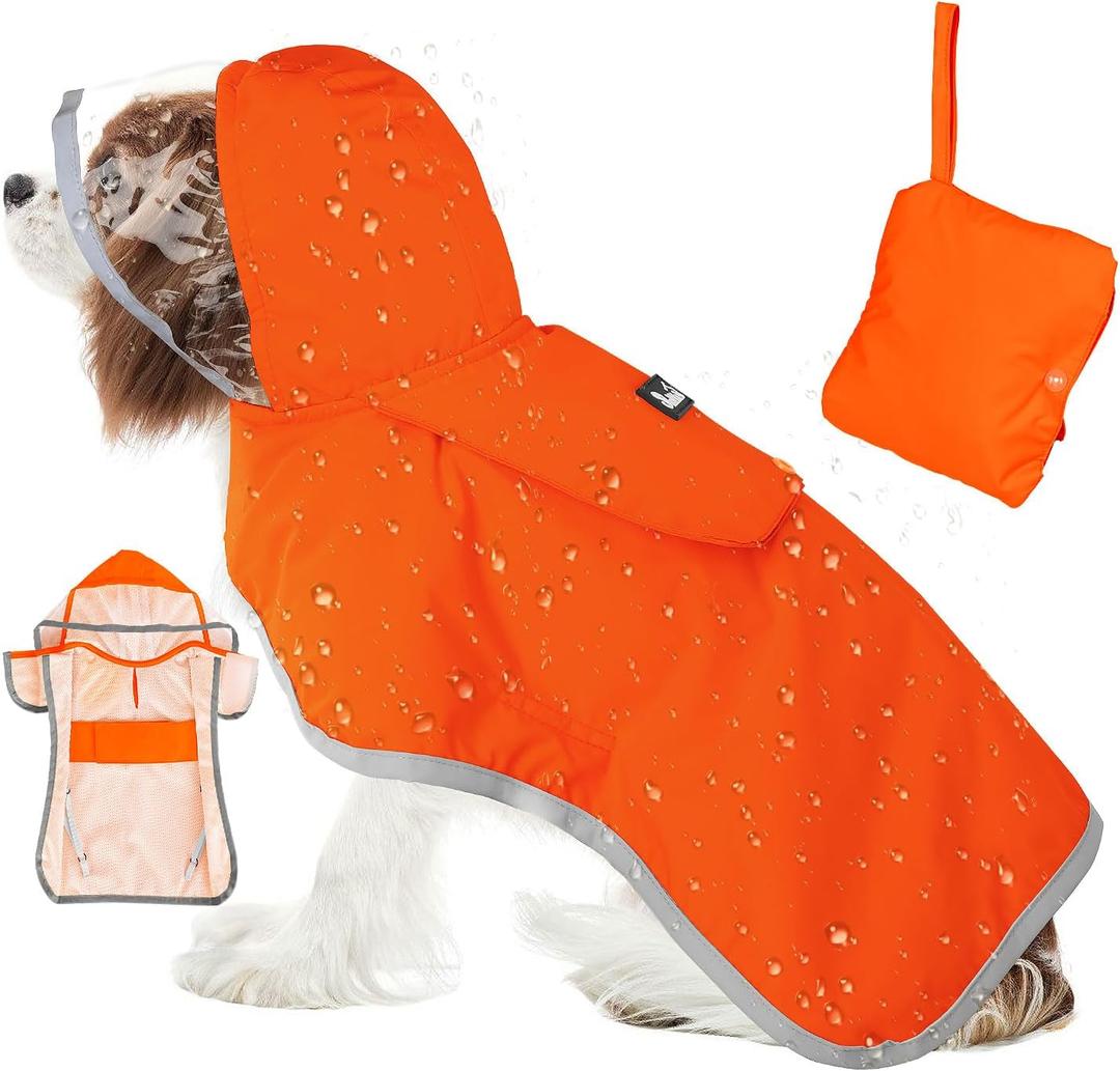 SlowTon Dog Raincoat, Adjustable Dog Rain Jacket Clear Hooded Double Layer, Waterproof Poncho with Reflective Strip Straps and Storage Pocket for Small Medium Large Dogs Puppies(Orange, M)