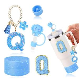 AiScrofa Cup Accessories Set for Stanley 30 oz 40 oz Tumbler with Handle, Including Initials Charms, Straw Cover Cap, Boot, Sticker, Silicone Spill Proof Stopper, Blue Decorate for Boy Girl