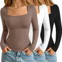 3 Pack Women's Square Neck Long Sleeve Tops, Double Lined Slim Fit Shirts Basic Trendy Going Out T Shirts, Earth Brown, White, Black, Small