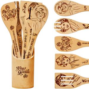 Golden Kitchen Decor Accessories Wooden Spoons for Cooking -Golden Merchandise for Friends,Bamboo Utensils Gifts for Women,Birthday & House Warming Gift for Friend,7pcs