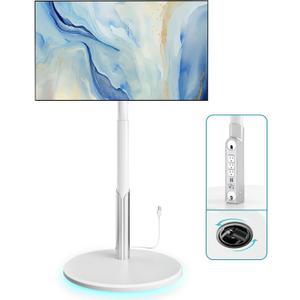 Floor Mobile TV Stand with Power Outlet, Rolling TV Cart for 27-65 Inch OLED LED Monitors, 6 Levels of Height Adjustment, Ambient Lighting on The Bottom Wheels Holds up to 88lbs, 400x400mm (White)