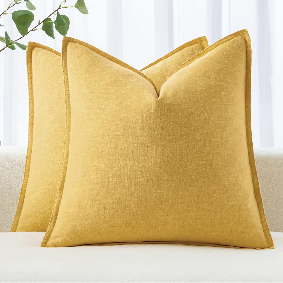 MIULEE Decorative Linen Pillow Covers 20x20 Inch Yellow Boho Farmhouse Neutral Couch Throw Pillows for Bed Pack of 2 Accent Modern Pillowcase Summer Sofa Livingroom Home Decor