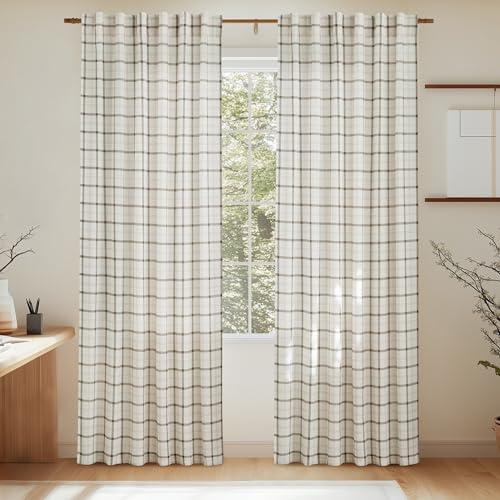 NICETOWN Plaid Window Curtain, Linen Sheer Curtains 84 inches Long for Living Room and Bedroom Drape with Rod Pocket Back Tab, Farmhouse Shade, 52" x 84", White, 1 Pair