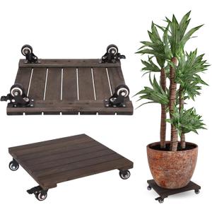 2PCs Wood Plant Caddy with Wheels 14 inches, Heavy Duty Rolling Plant Stand with 360 Lockable Wheels, Wooden Square Plant Dolly for Indoor and Outdoor Large Plants, Patio Pots, Walnut