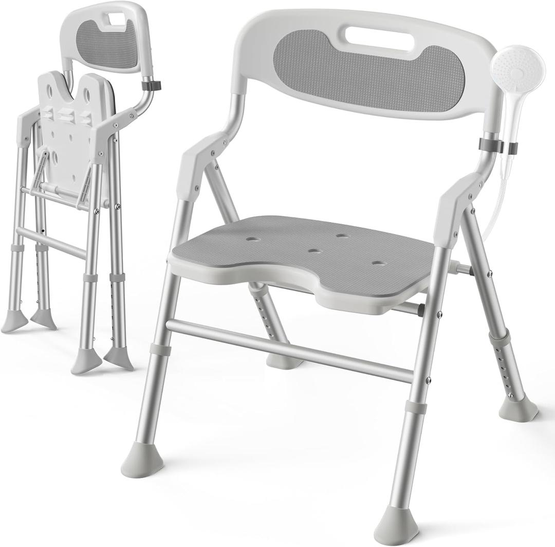 Folding Shower Chair for Inside Shower with Arms and Back, 400 LBS Foldable Bath Seat for Elderly Seniors & Disabled, Heavy Duty Portable Shower Stool with U-Shape Cutout & 6-Level Height (Gray)