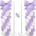 2 Sets Purple White Bow Balloon Column Stand Kit Includes 2 Bows & 100 Latex Balloons Adjustable Stands for Princess Birthday Wedding Coquette Baby Shower Party Decoration
