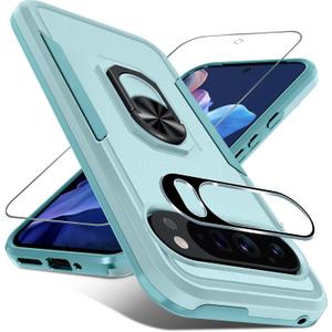 Janmitta for Google Pixel 9/9 Pro Case with Screen Protector+Camera Lens Protector,Heavy Duty Shockproof Full Body Phone Cover Built in Metal Ring Holder Kickstand,2024 Mint Green