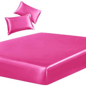 SiinvdaBZX 3-Piece Set Satin Twin Fitted Sheet & 2 Pillowcase, Hot Pink Silky Soft Fitted Bottom Sheet, Wrinkle Free, Fade Resistant, Deep Pocket Bed Sheet (Deep Up to 15")