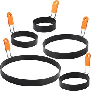 Egg Ring Pancake Mold Set, Stainless Steel Egg Rings Pancake Molds for Griddle 5 pack for frying Eggs and Omelet, Silicone Egg Rings with Handle