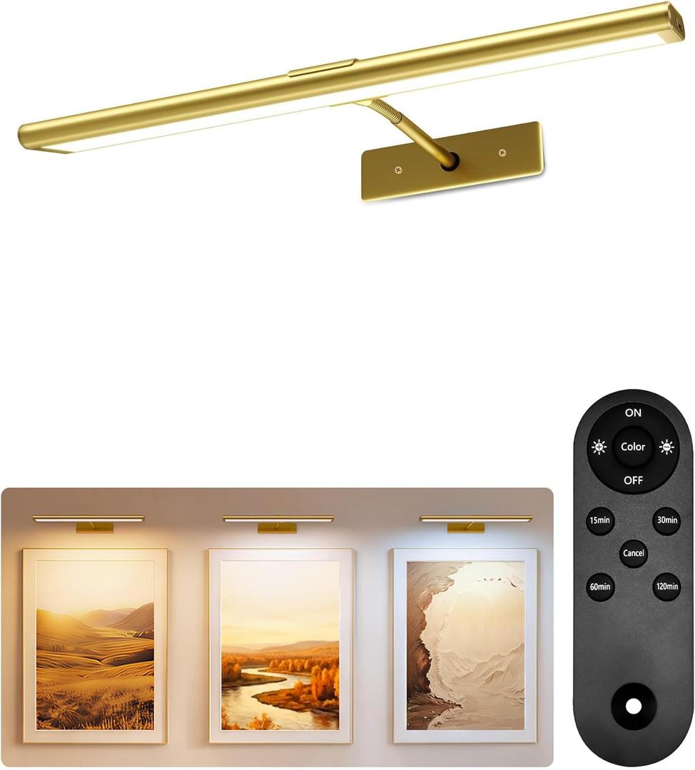 EZVALO Picture Light for Wall, 4800mAh Rechargeable Wireless Remote, 16in Dimmable Magnetic LED Art Display Light with 3 Color Temperatures, for Gallery, Living Room, Bedroom, Hallway (Gold)