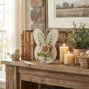 Rustic Easter Bunny Wooden Table Decor with Flowers, Farmhouse White Rabbit Happy Easter Centerpiece Sign, Antique Wood Spring Party Tabletop Decoration, Cute Holiday Gift