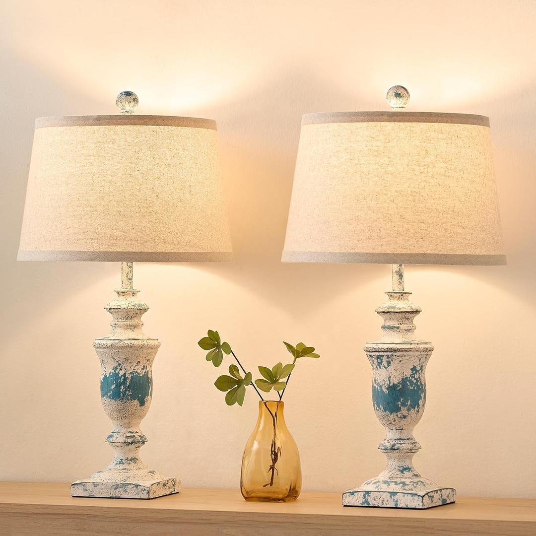 SAIWEYA 23" Farmhouse Table Lamps Set of 2, 3 Way Dimmable Lamps with 2 LED Bulbs and Rocker Switch, Vintage Nightstand Lamp for Bedroom Living Room Office End Table Entryway, Washed Blue
