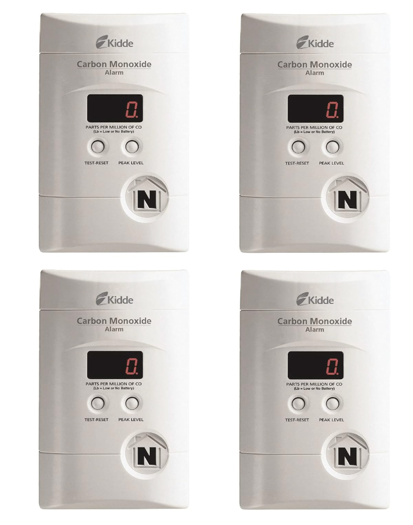 Kidde Carbon Monoxide Detector, Plug In Wall with 9-Volt Battery Backup, Digital LED Display - 4 Pack