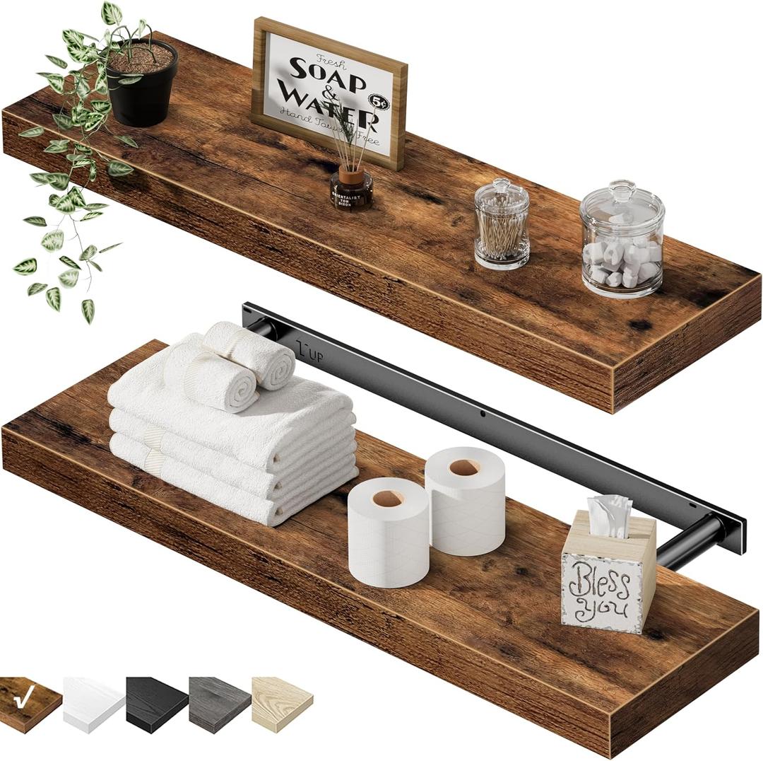 QEEIG Floating Shelves for Wall 23.6" Long - Wall Mounted Shelf Bathroom Kitchen Living Room Bedroom Farmhouse Home Decor Display Bookshelf Set of 2, Rustic Brown (008-60BN)