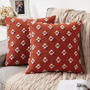 MIULEE Set of 2 Decorative Throw Pillow Covers Rhombic Jacquard Pillowcase Soft Square Cushion Case for Couch Sofa Bed Bedroom Living Room, 18x18 Inch, Rust