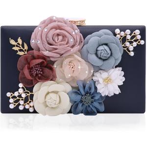 Evening Bag for Women, Flower Wedding Evening Clutch Purse Bride Floral Clutch Bag (719-1 Blue)