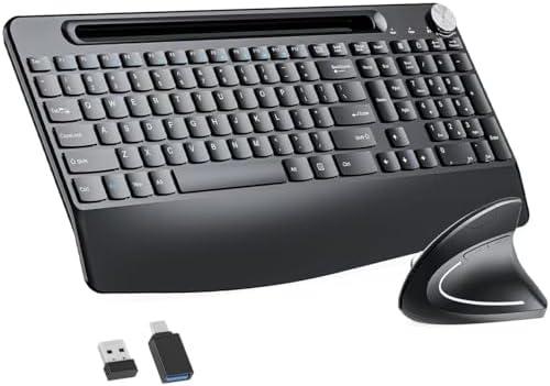 Sksyloo Full-Size Ergonomic Keyboard and Mouse, 2.4GHz Wireless Keyboard and vertical Mouse with Tablet Phone Holder, Wrist Rest for Computer Mac PC Laptop Chromebook, Black
