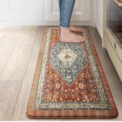 Collive Boho Cushioned Kitchen Mat, Comfort Anti Fatigue Mats for Kitchen Floor, Standing Desk Mat for Kitchen, Office, Laundry, Sink, 17”x47” Red Non-Skid Waterproof Kitchen Rugs