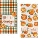 Seliem Hello Orange Spring Summer Kitchen Dish Towels Set of 2, Life is Sweet Tangerine Citrus Fruit Hand Towels Drying Baking Cooking Cloth, Plaid Check Farmhouse Home Kitchen Decor 18 x 26 Inches