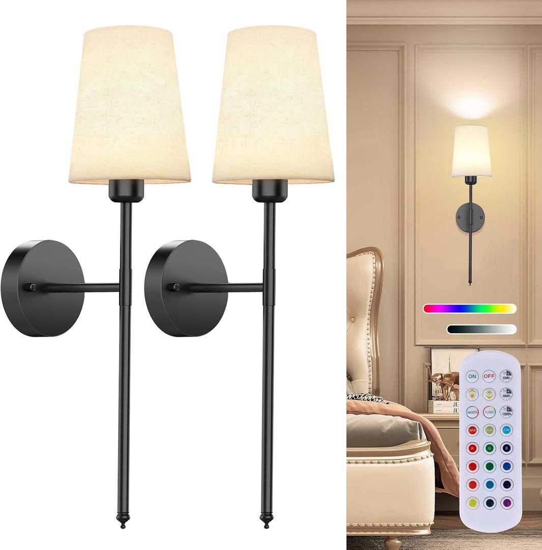 10000mAh Battery Operated Wall Sconces Set of Two, Wireless Black Wall Sconce with Rechargeable Bulbs and Remote,15 Colors & Dimmable,Black Sconces Wall Decor Set of 2 for Bedroom Living Room 25.7 in