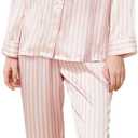 THXSILK Silk Women's Pajama 2-Piece Set, Large Size 6A Pure Mulberry Silk Soft Luxury V Neck Pink Striped Long Sleeve Tops Nightwear with Long Pants