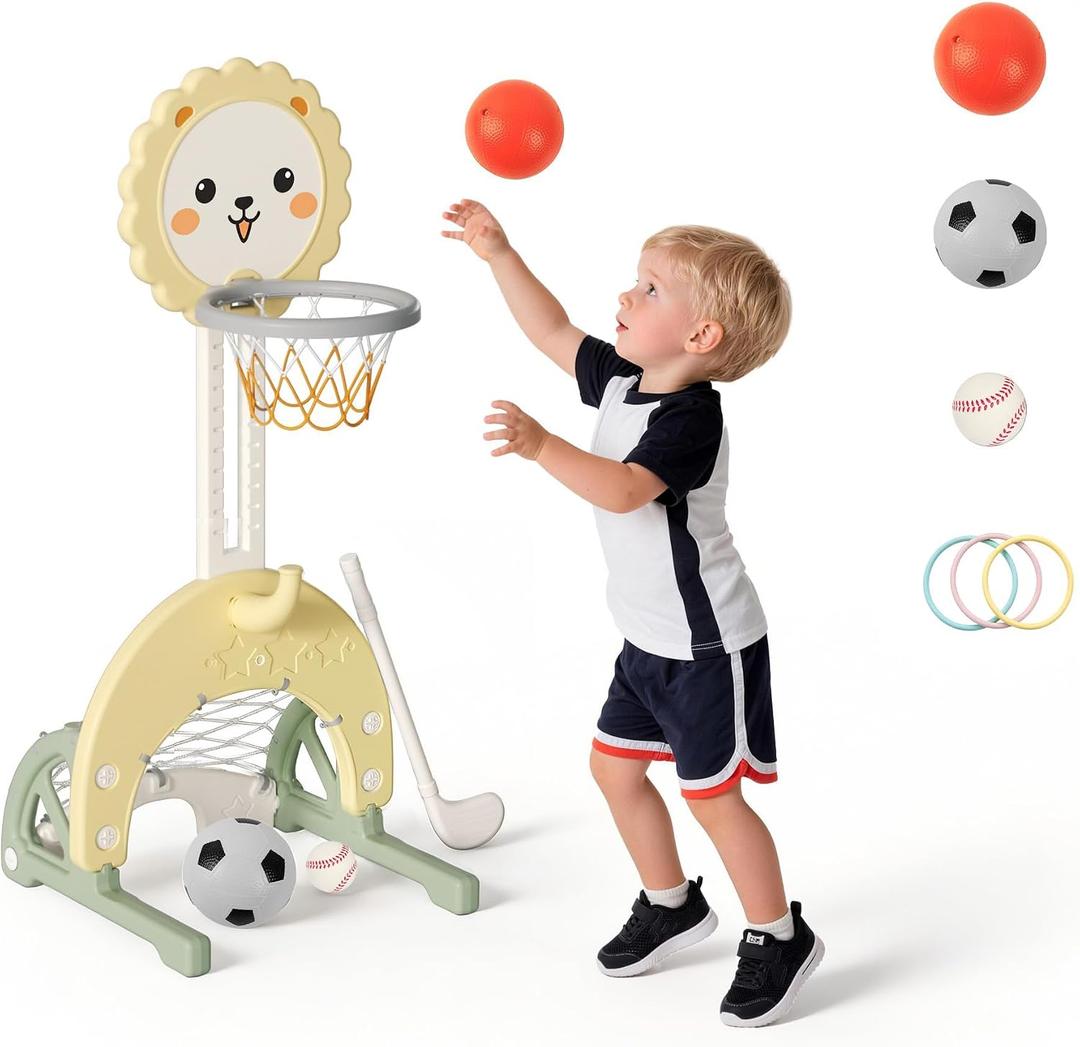 4-in-1 Toddler Basketball Hoop Indoor Adjustable Height Outdoor Sports Center for Kids Basketball, Soccer, Hockey & Ring Toss, Yellow and Green