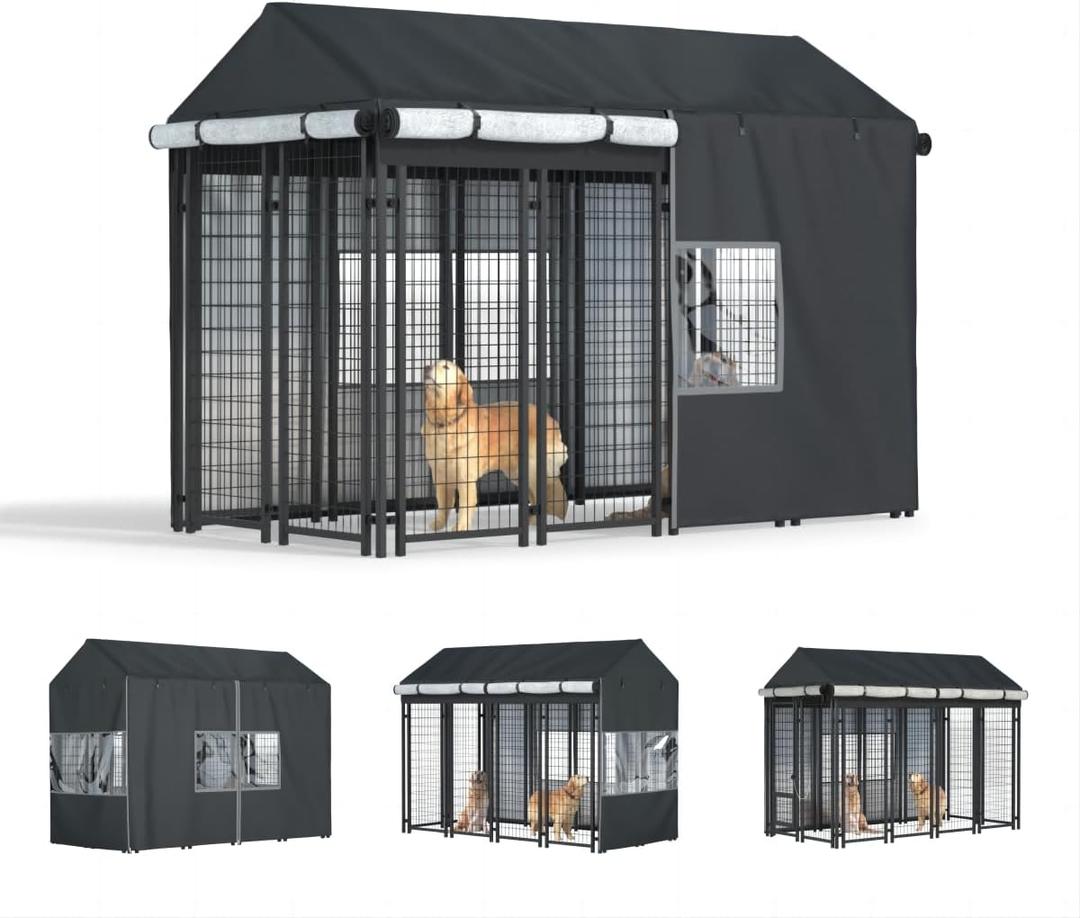 Outdoor Dog Kennel Cover - Full Coverage for 8.1'Dx4.1'Wx6'H Dog Cages, Outdoor Dog Kennel Insulation Cover, with Transparent Window and Fleece Insulation Lining, Black（Excluding Dog kennels）